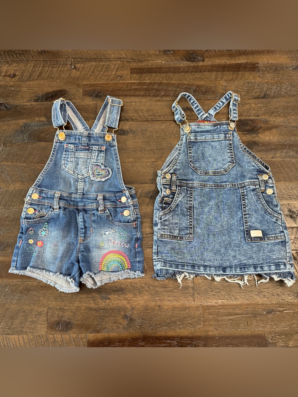 24m/2T Denim Rainbow Embroidered Short Overalls and Denim Pinafore Dress Lot